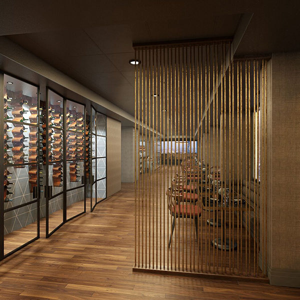 a rendering of the main entrance of swizzle restaurant and lounge showing a wine rack and seating